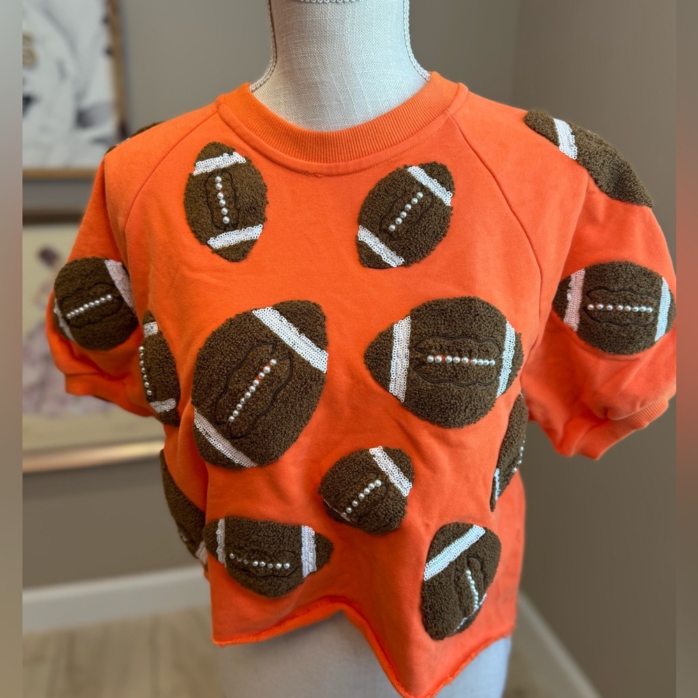 New! QUEEN OF SPARKLES Orange Fuzzy Football Sweatshirt Top